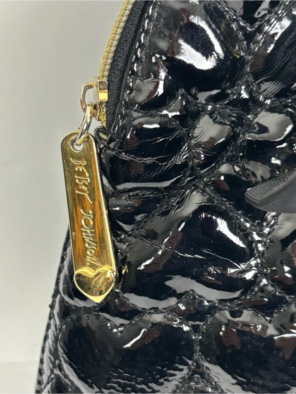 Betsey Johnson Black Quilted Heart Satchel Purse Bow Tassel Charm Glossy Patent